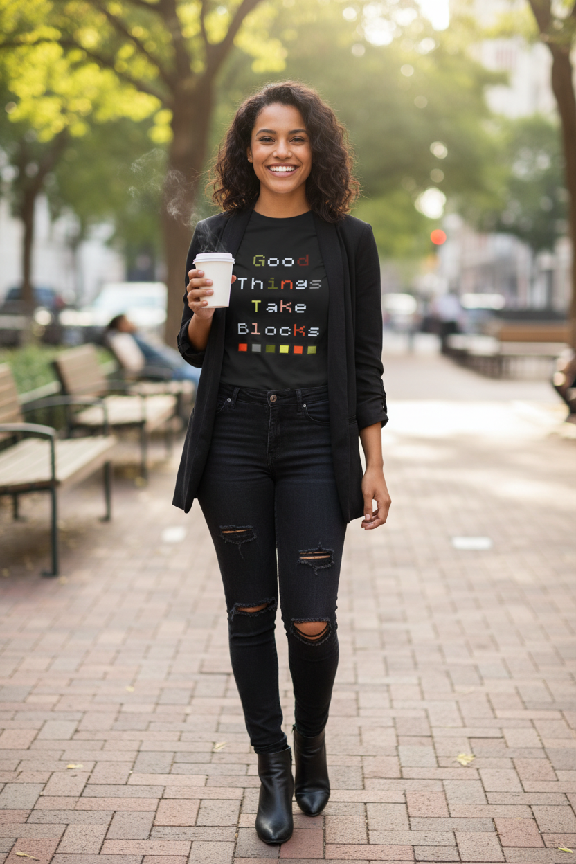 Person wearing a black t-shirt with text and graphics on a white background