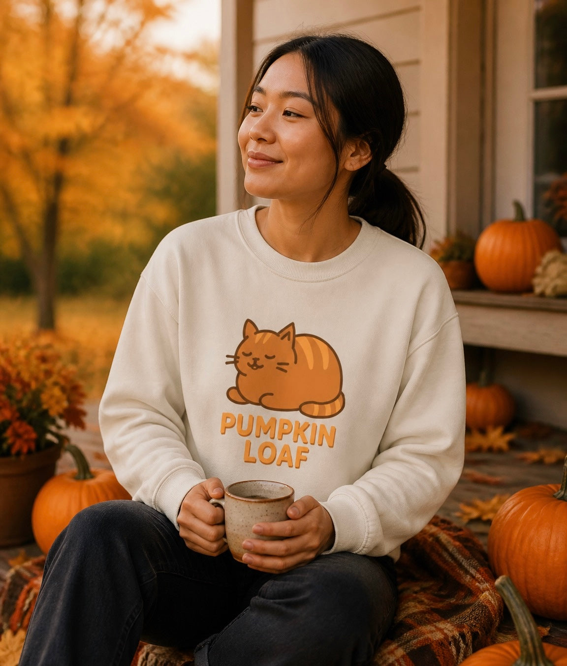 Pumpkin Loaf Crewneck Sweatshirt - Cozy Kitty Pumpkin Loaf Design