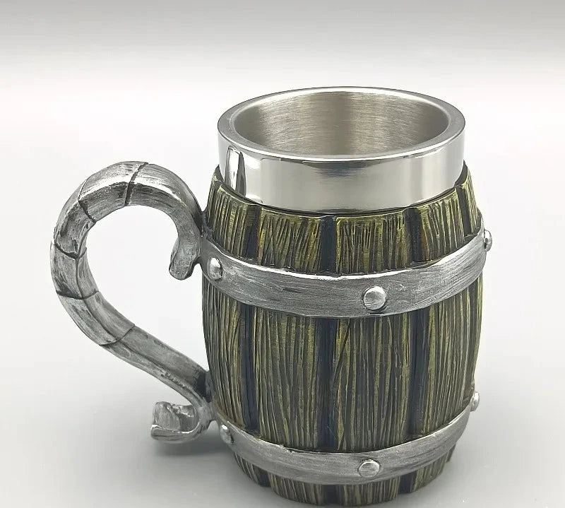 Decorative mug with wooden design and metal accents on a white background