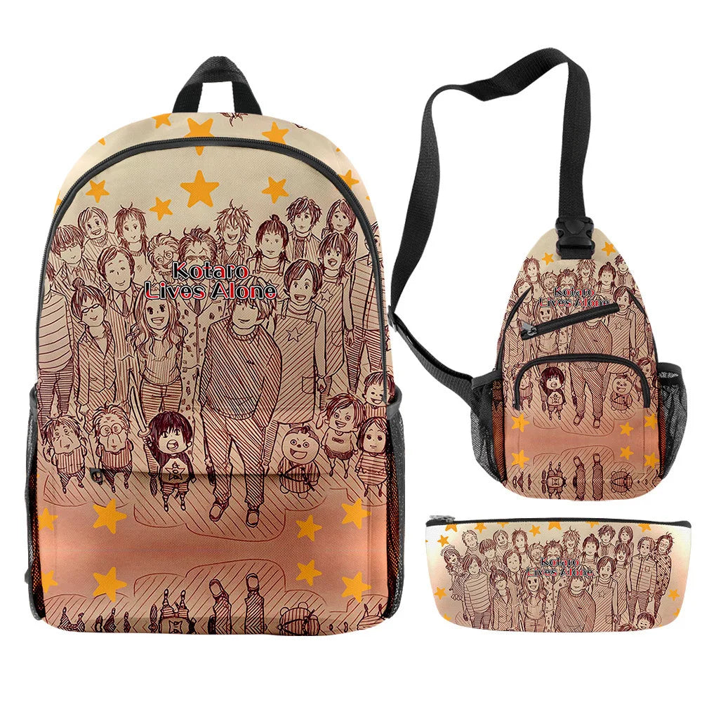 Backpack, crossbody bag, and pouch with character illustration and 'No One Is Perfect' text.