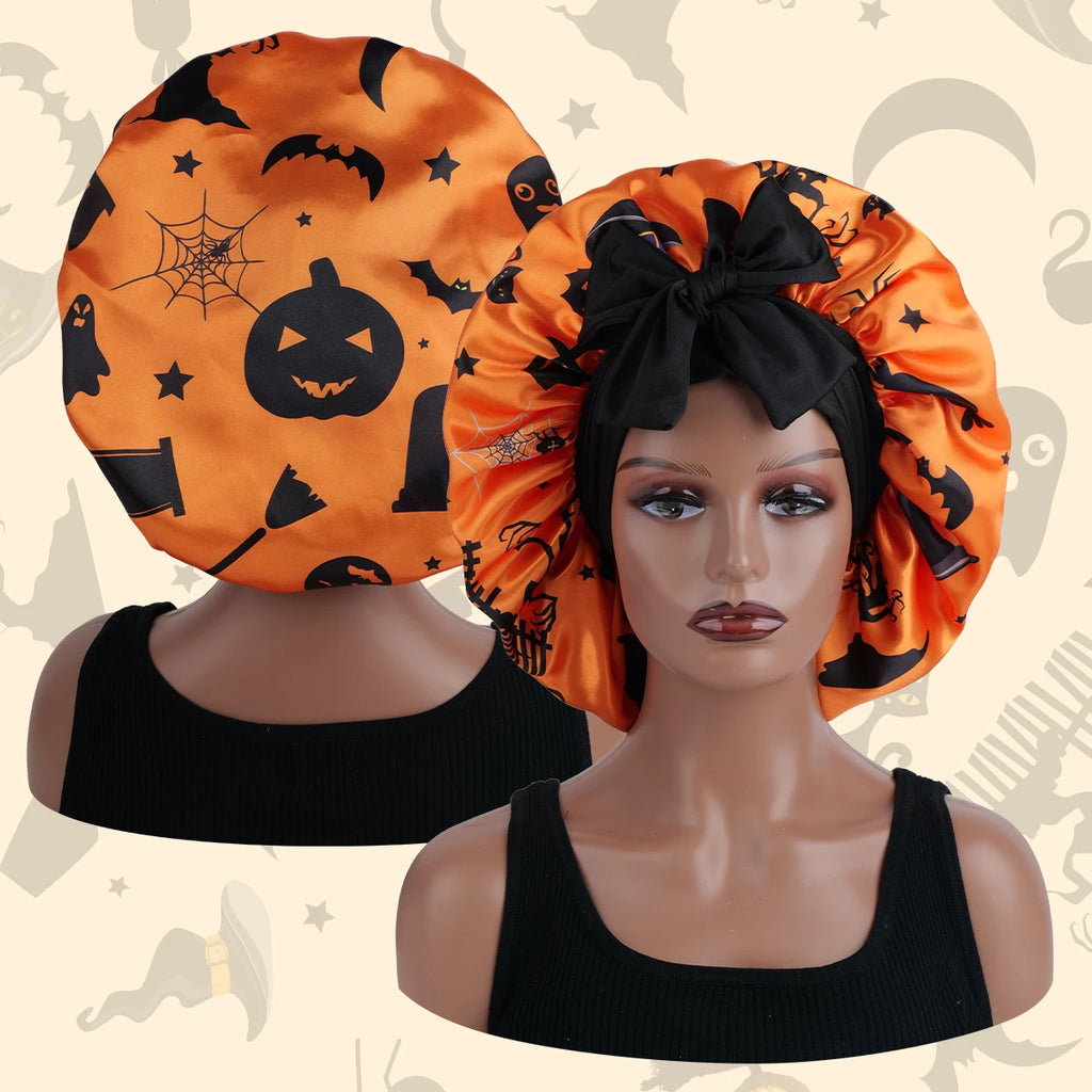 Spooky Season Black Satin Bonnet YellowPumpkin M S1012e7b5d53643b9a428e95911804575M