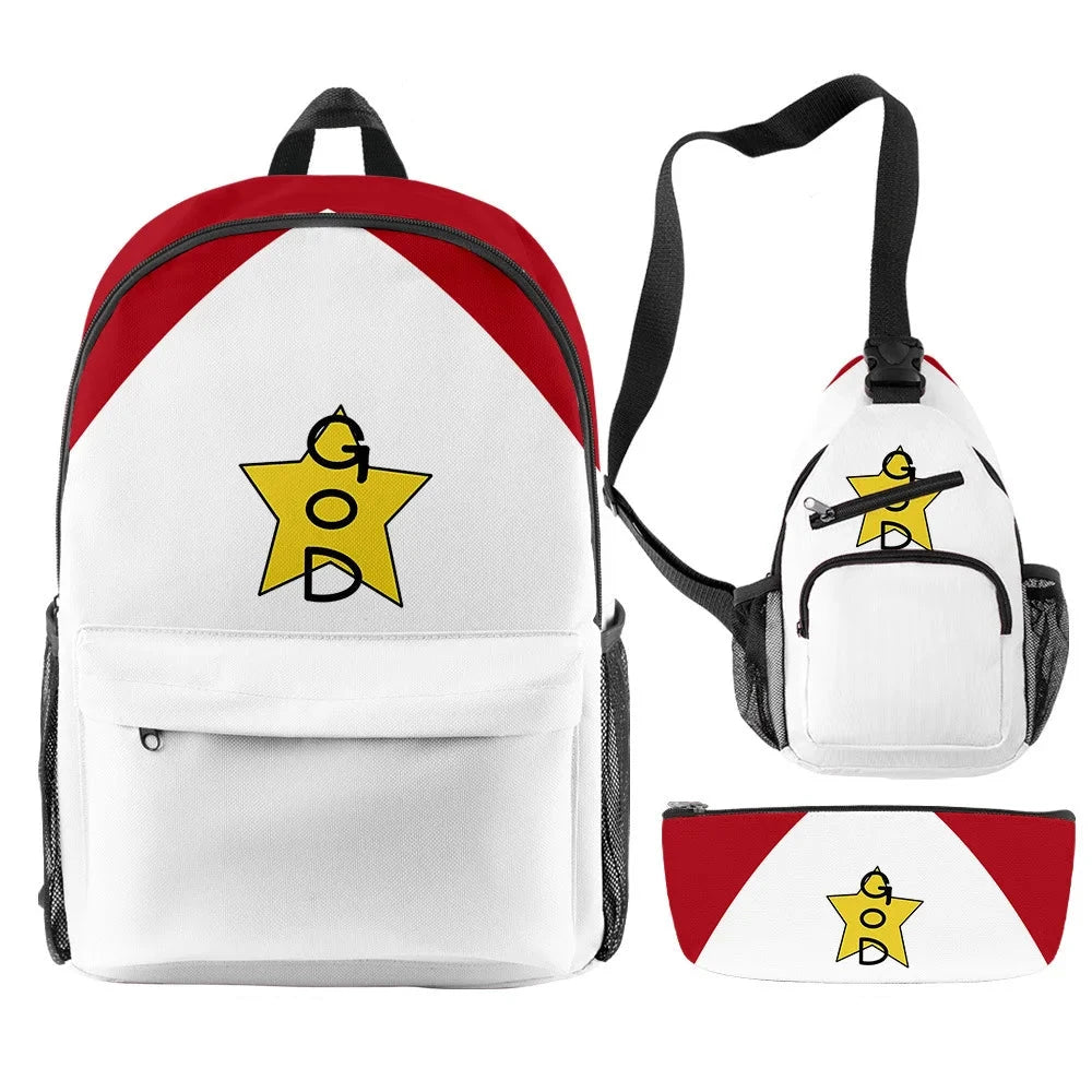White backpack with red accents and yellow star design on a white background