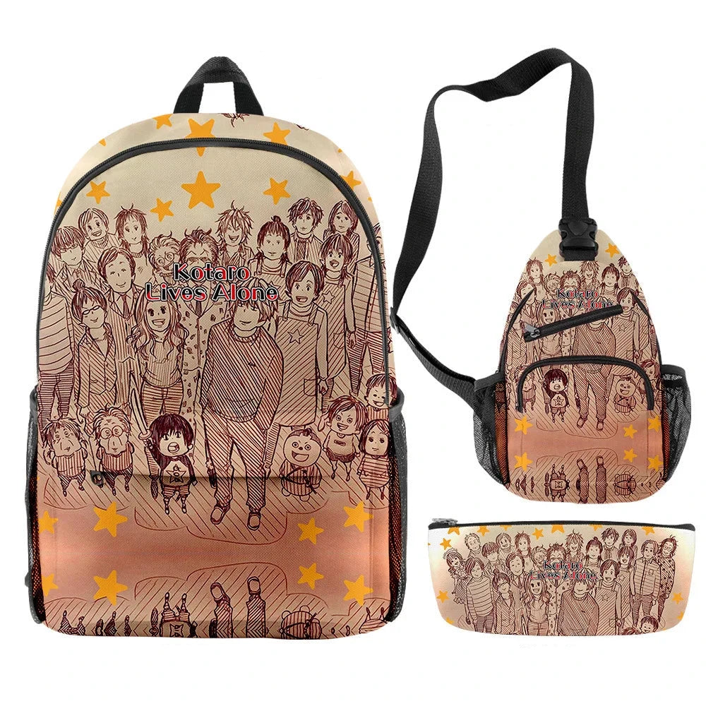 Backpack, crossbody bag, and pouch with character design on a white background
