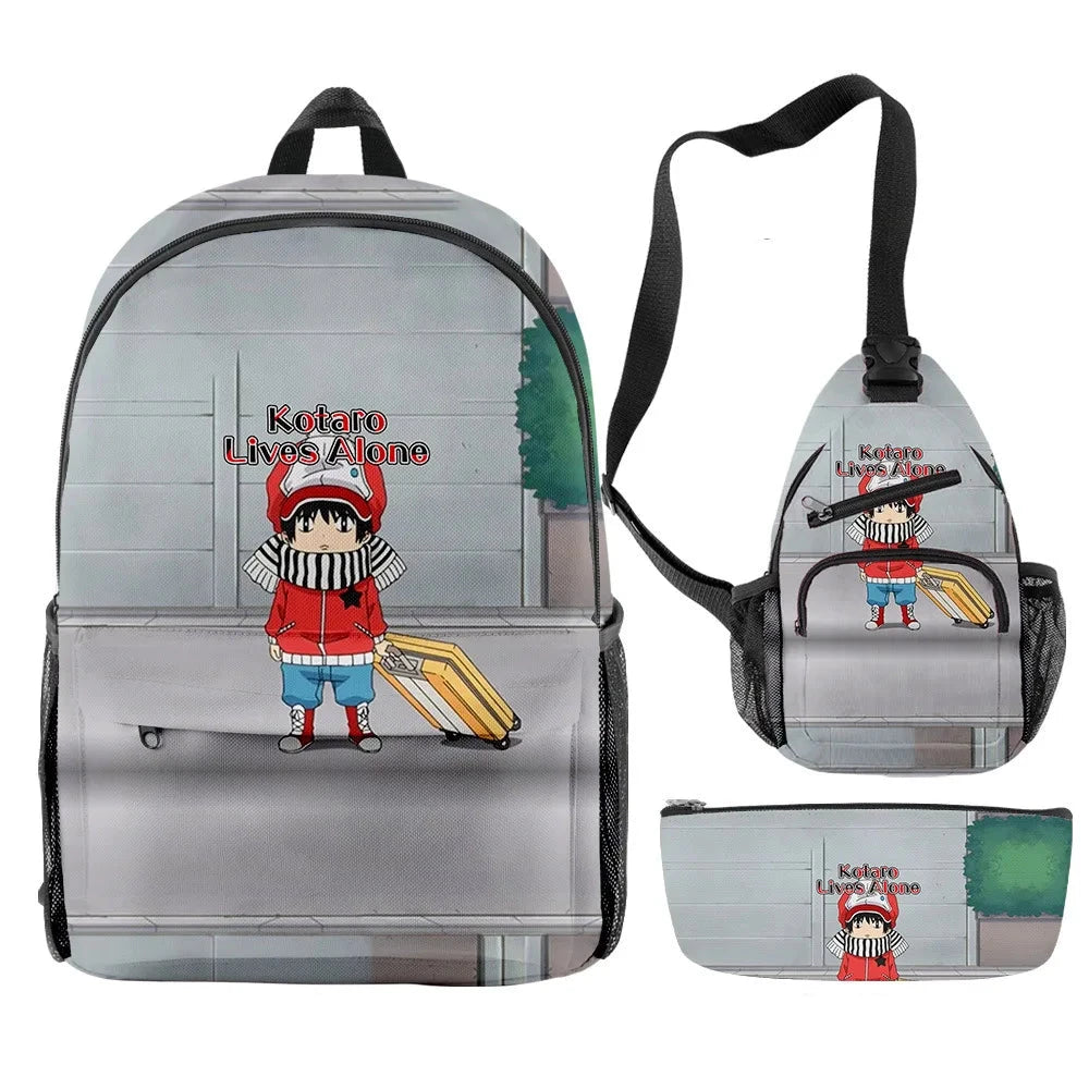 Backpack and pouch with character design on a white background