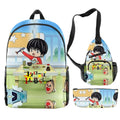 Backpack and pouch with anime character design on a white background