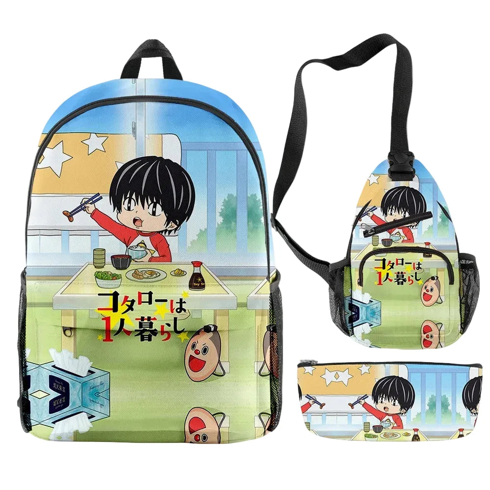 Backpack and pouch with anime character design on a white background