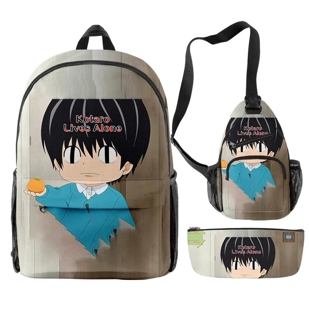 Backpack and pouch with cartoon character design on a white background