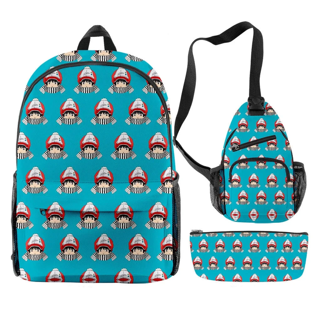 Backpack and crossbody bag with cartoon character pattern on a blue background