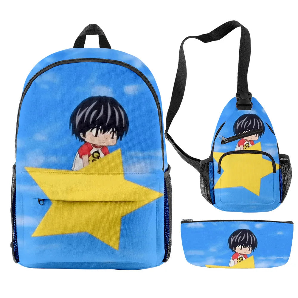 Backpack, crossbody bag, and pencil case set with cartoon character and star design on a blue sky background.