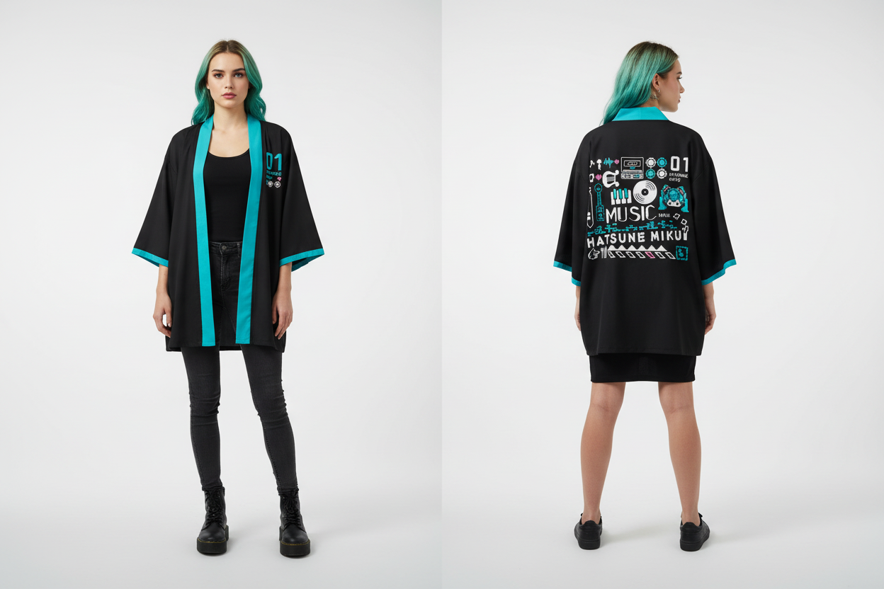 Person wearing a black kimono-style garment with teal accents on a white background