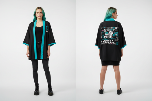 Person wearing a black kimono-style garment with teal accents on a white background