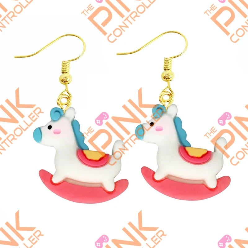 Spring Quirk Drop Earrings - Pink and Blue Rocking Horse