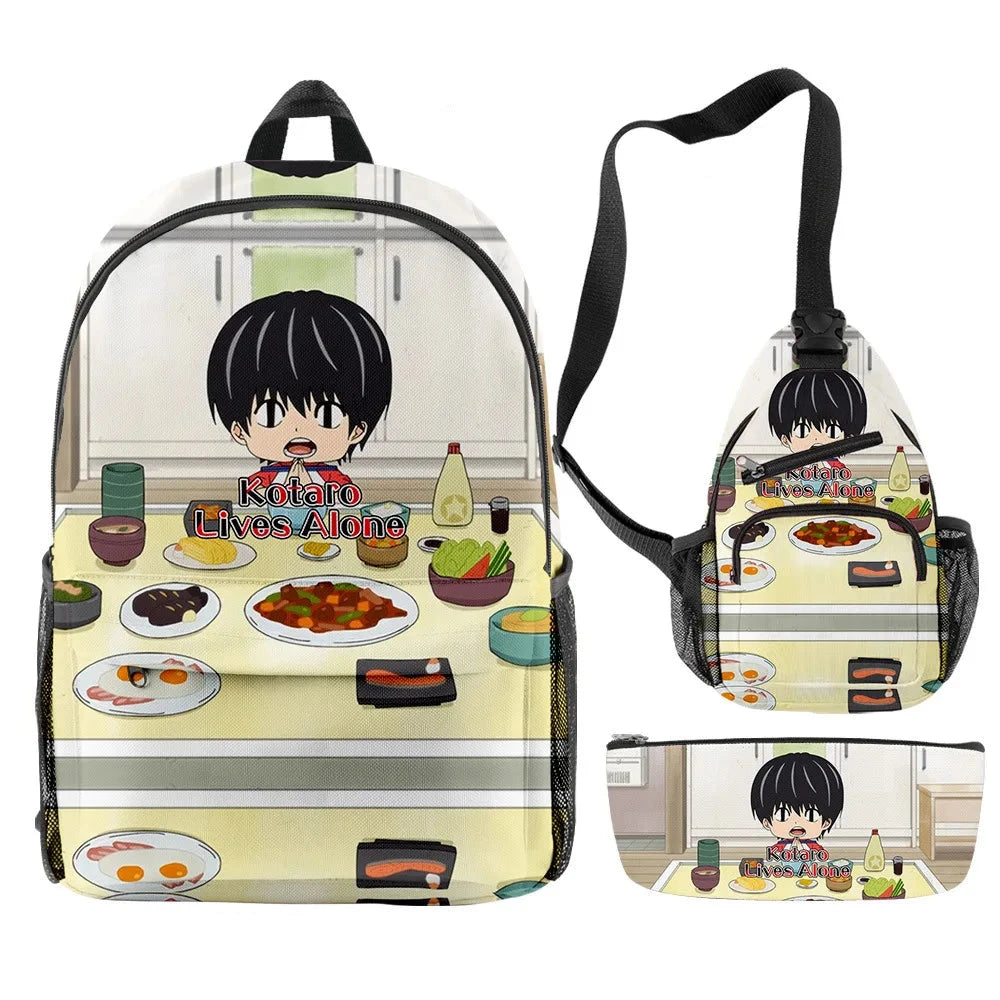 Backpack and pouch set with anime character design featuring a boy at a table with food.