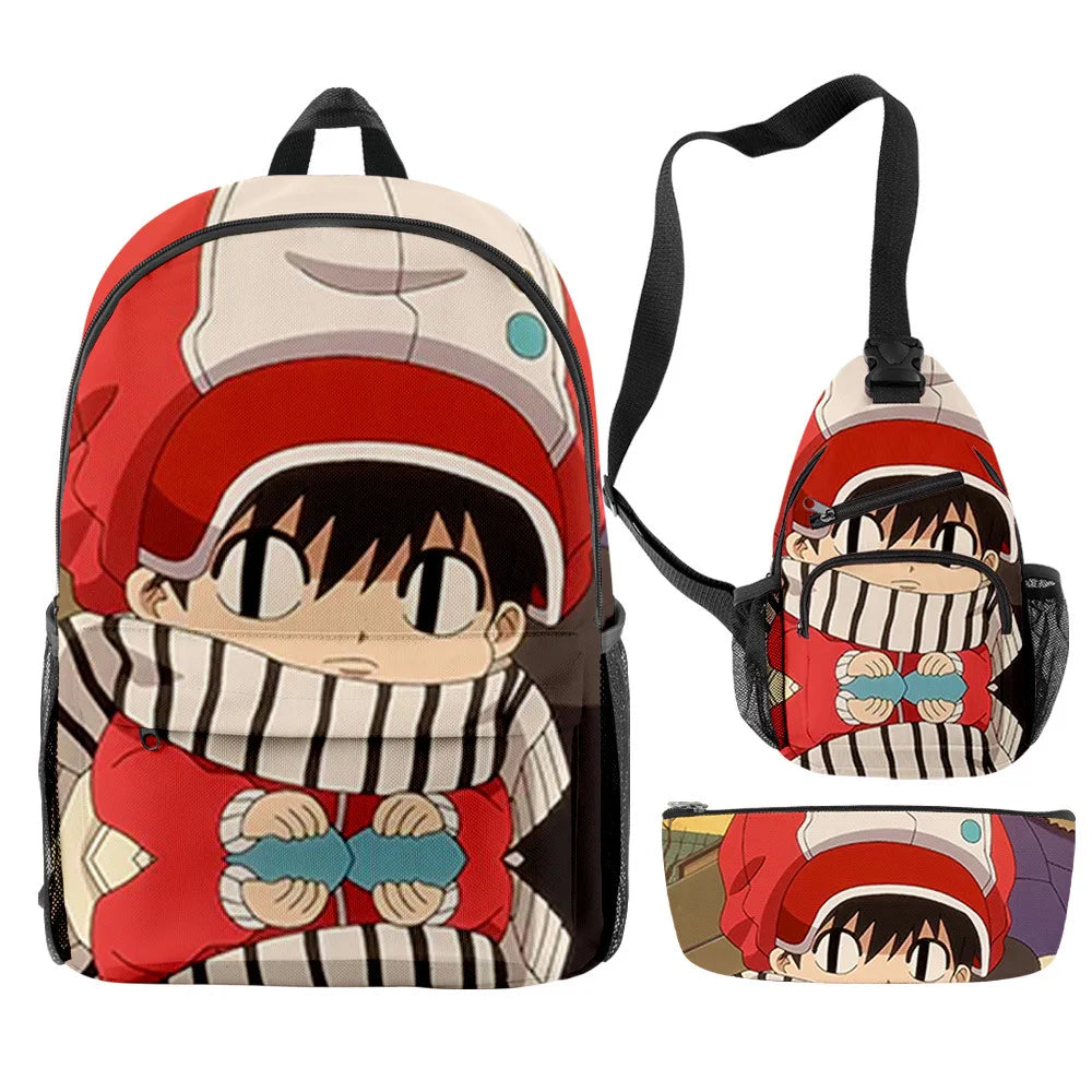Backpack, crossbody bag, and pouch with anime character design on a white background