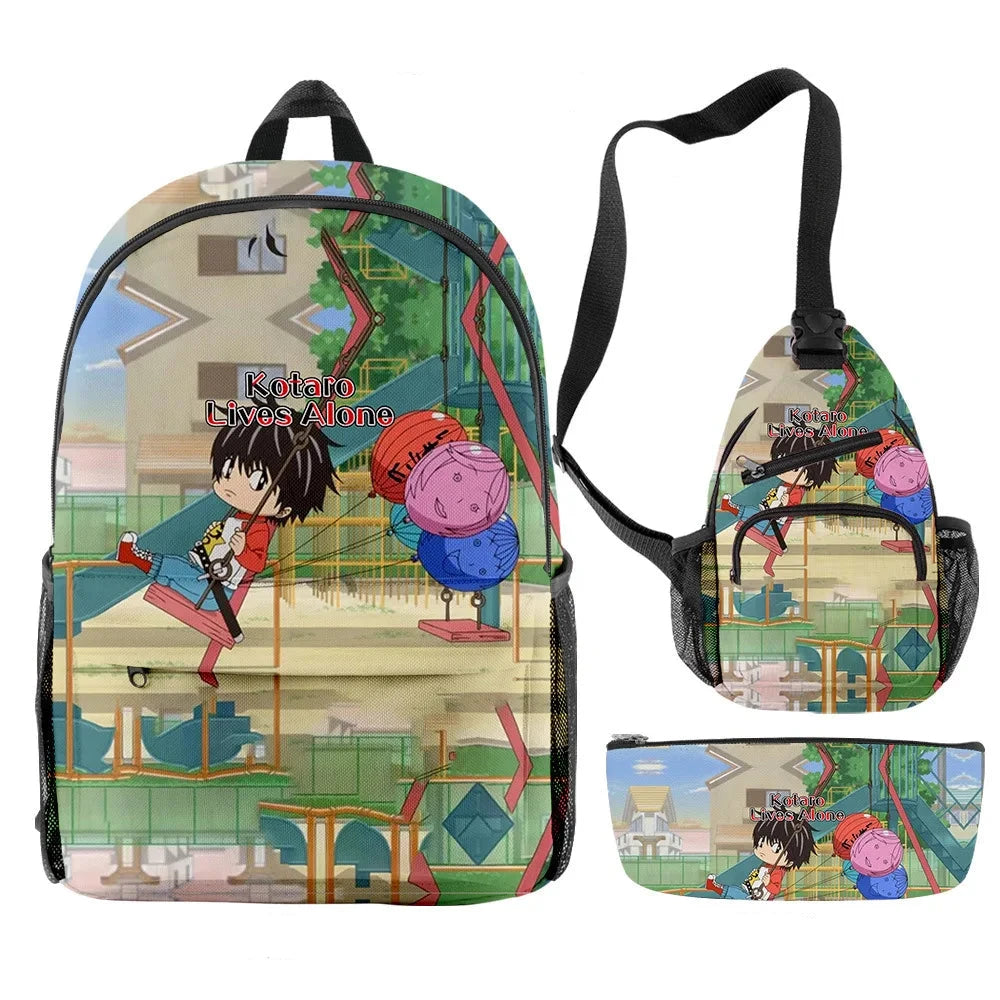 Backpack, crossbody bag, and pouch with anime character design on a white background