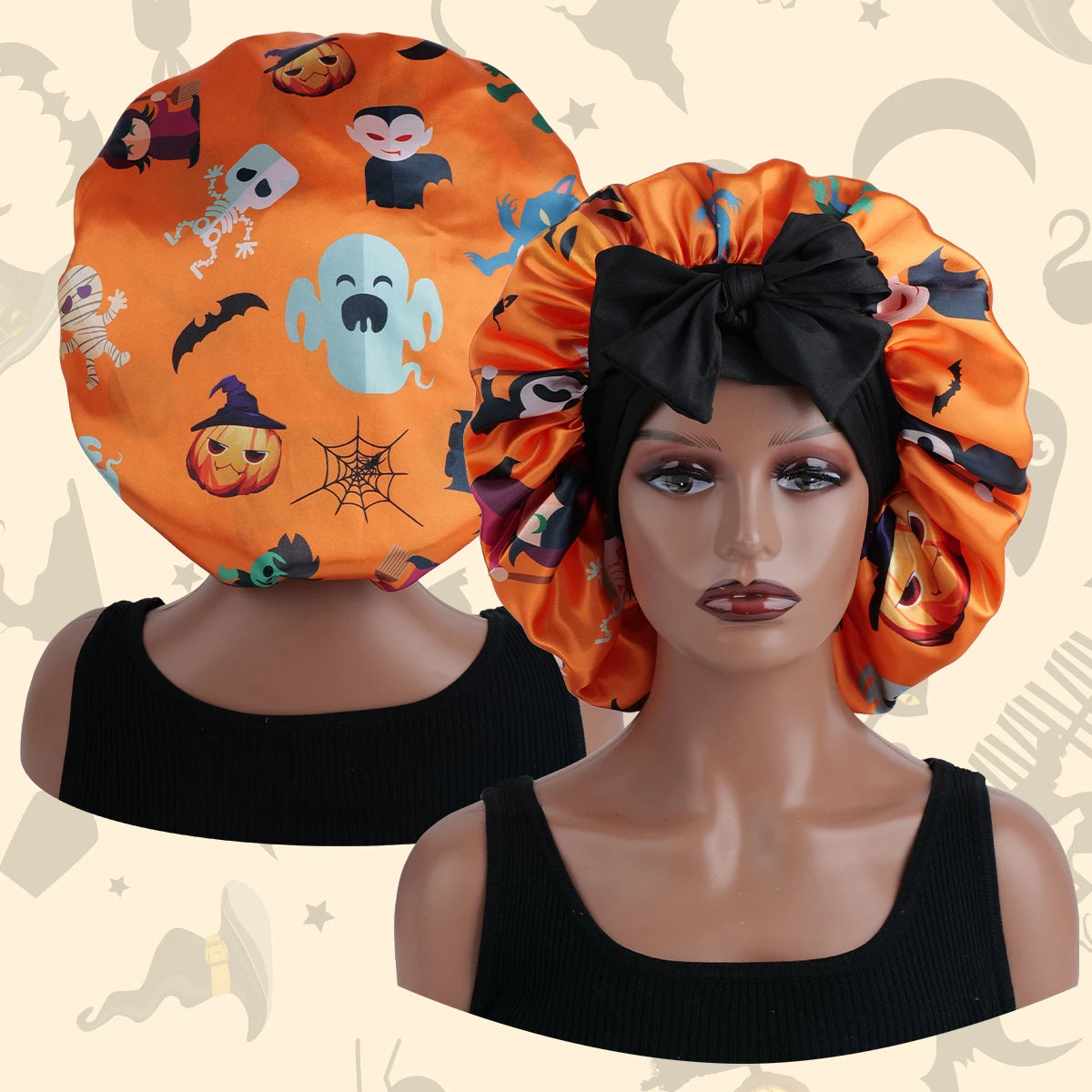 Spooky Season Black Satin Bonnet YellowGhost M Sf7de2d5199994ef4a2a6e25aefbf6d744